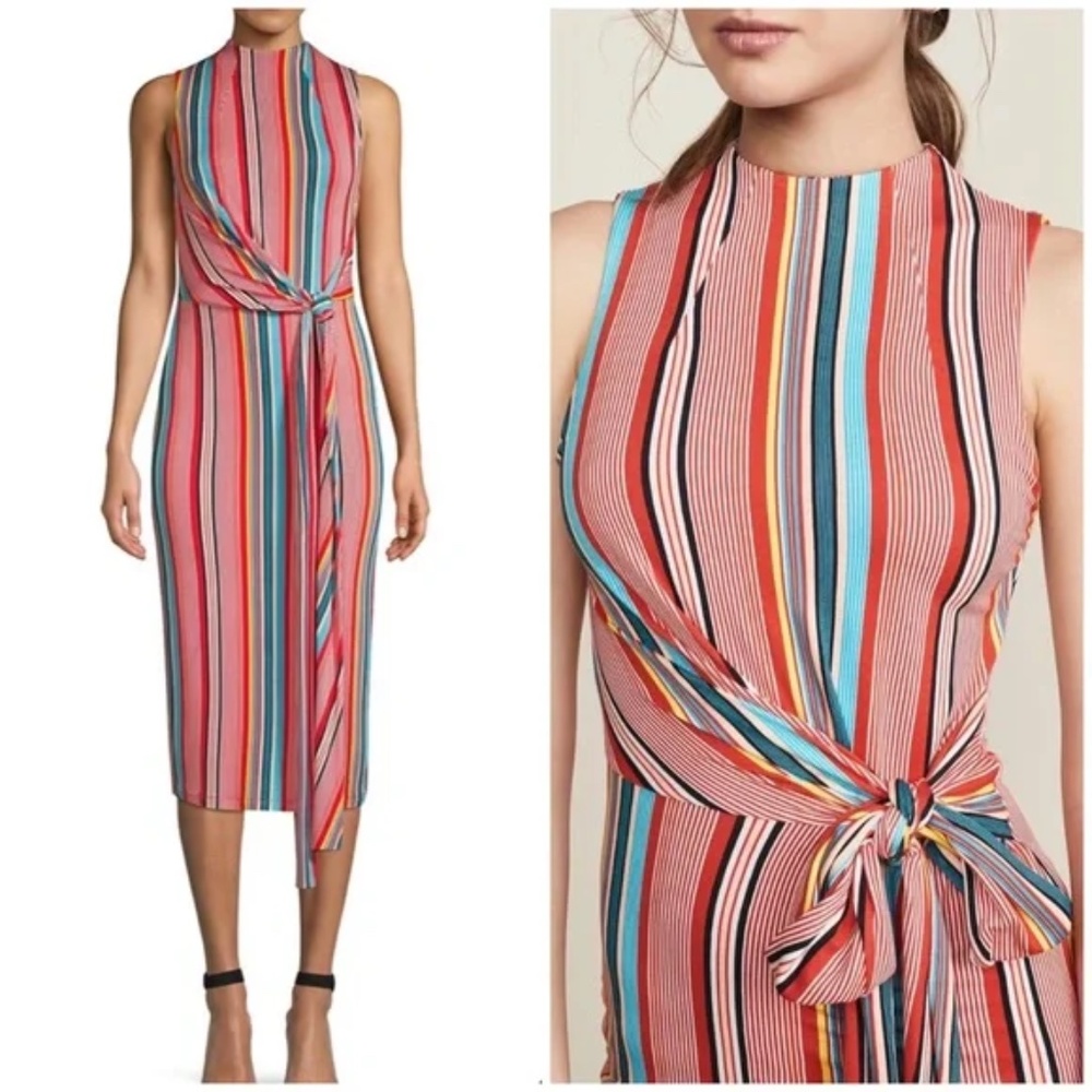 Alice + Olivia Delora Midi Red Dress Sport Stripe Multi